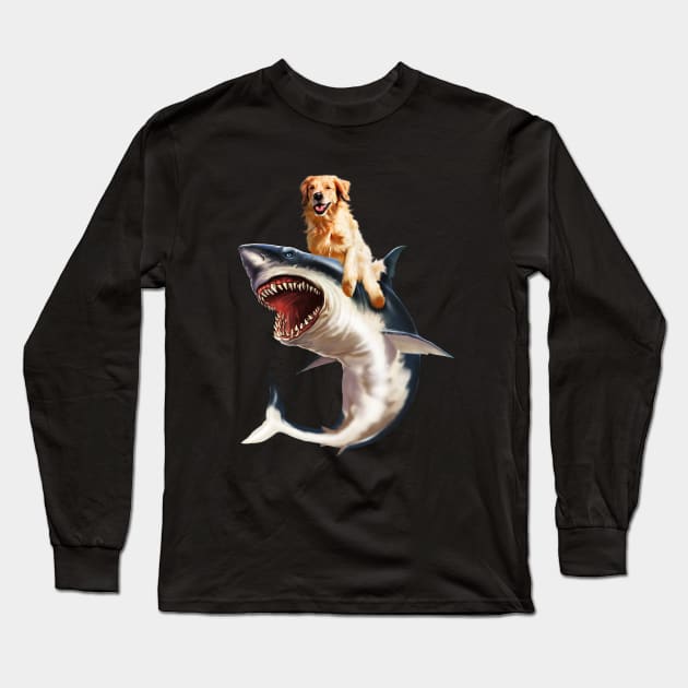 Funny Golden Retriever Dog Riding Shark Long Sleeve T-Shirt by dukito